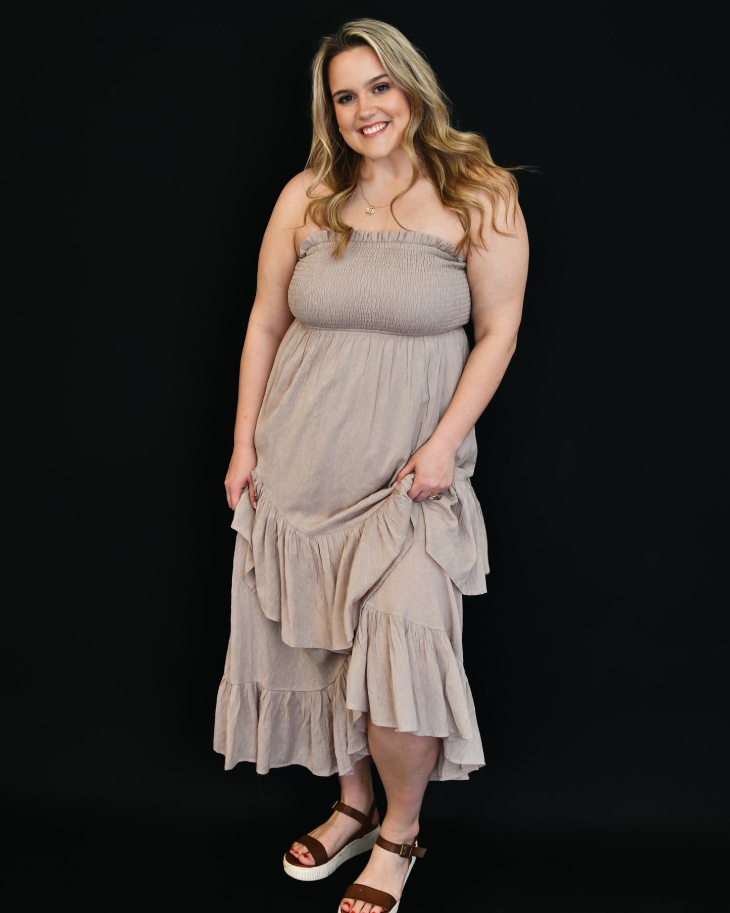 Boho Strapless Ruffle Maxi Dress