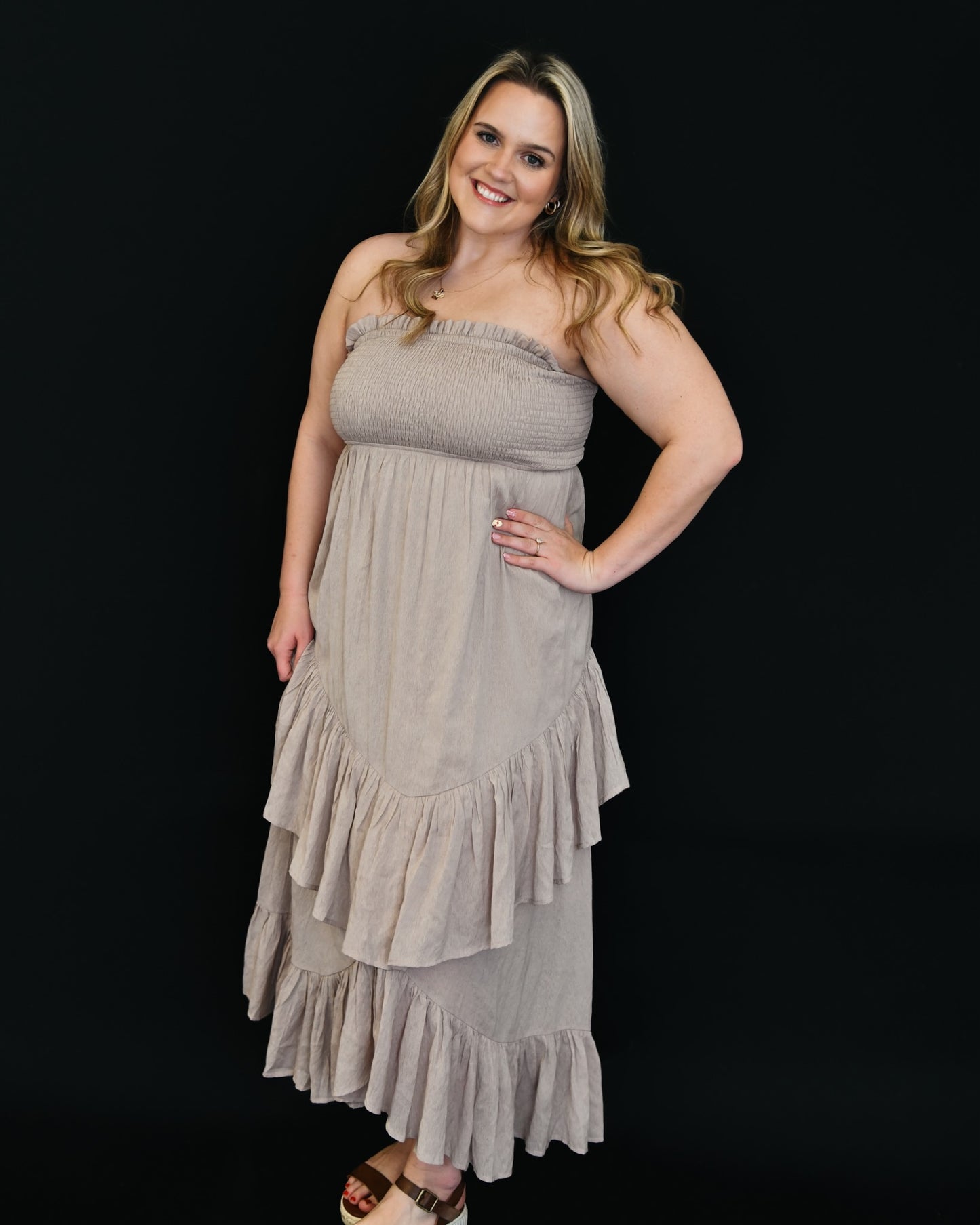 Boho Strapless Ruffle Maxi Dress