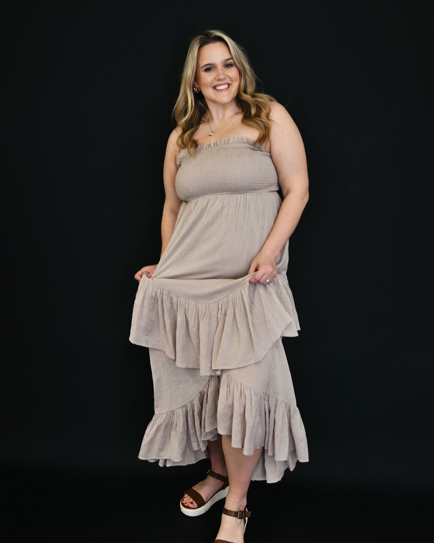 Boho Strapless Ruffle Maxi Dress