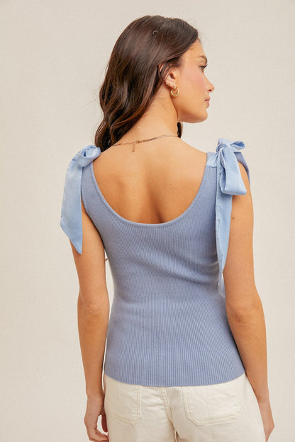 Powder Blue Satin Bow Tie Tank Top